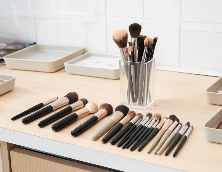 Makeup Brush Set Sourcing on a cosmetics bench, illustration only