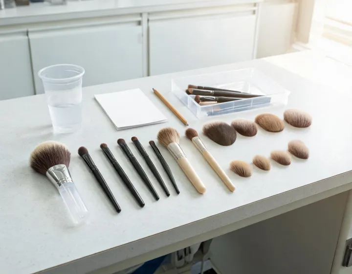 cosmetic brush set manufacturer on a cosmetics bench, illustration only