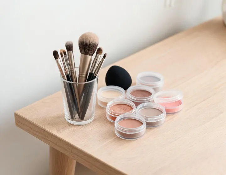 brush set makeup on a cosmetics bench, illustration only
